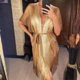 Sexy With Belt Fringe Tassel Crochet Knitted Tunic Beach Cover Up Cover-ups Beach Dress Beach Wear Beachwear Female Women V4649