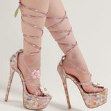 New Design Sunflower Jelly PVC Women Platform Sandals Fashion Leaf Lace Up 16CM Super High Heels Banquet Dress Shoes Pink