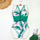 Sexy One Piece Swimsuit Swimwear Women Leaf Print Patchwork Hollow Cross Straps Backless Beachwear Bathing Suit Banadores Mujer
