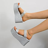Silver Chunky Platform Slippers for Women 2026 Summer Thick Bottom Wedges Sandals Woman Plus Size 45 Woven Beach Sandles Female