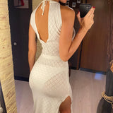 Halter Backless High Leg Cut Crochet Knitted Tunic Beach Cover Up Cover-ups Beach Dress Beach Wear Beachwear Female Women V5753