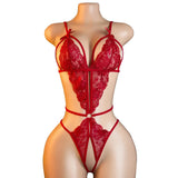 Crotchless Red Sexy Lingerie Women Lace Hollow Bra Set Erotic Costumes Teddy Baby Doll Dress Deep V Open Bra Sexiest Bodysuits