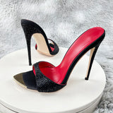 Diamond Black print high heeled slippers for women with thin heels, pointed toes exposed toes soles high heels 12cm sexy sandals