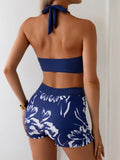 Vintage Navy Floral Print Bikini Set 2026 Women Push Up Bra High Waist Swimsuit Summer Bathing Suit Holiday Two Piece Swimwear