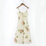 Spaghetti Strap Lace Up Beige Chiffon Summer Dress Sexy Slip Midi Sleeveless Dress Robe Big Flower Print Women Beach Dress Boho