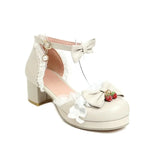 Women's White Pink Bowknot Single Sandals Ruffles High Heels Girls Student Mary Janes Lolita Party Dress Shoes Size 32-48 French