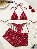 S - XL With Shorts Polka Dot Halter Bikini Female Swimsuit Women Swimwear Three-pieces Bikini Set Bather Bathing Suit Swim V8292