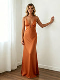 Summer Women's Satin Long Dress Spaghetti Strap Sleeveless V Neck Cutout Slim Fit Elegant Dress for Party Evening Solid Color