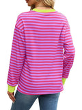 Autumn Winter Long Sleeve Basic T-Shirts Women Stripe Print Round Neck Casual Loose Fit Tunic Tops Streetwear