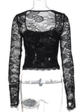 FDYOUI 2026 New Lace Patchwork Long Sleeve T-shirts for Women Square Collar See-through Slim Crop Tops White Black Tee Shirt