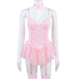 Toucheart Lace Fancy Patchwork Garters Sexy Lingerie Girly Pink Corset Dress Stocking Matching Cute Sexy Uniform Lingerie New