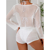 V Neck Long Sleeve Hollow Out Crochet Knitted Tunic Beach Dress Beach Wear Beachwear Beach Cover Up Cover-upsFemale Women V7192