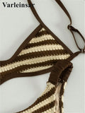 Striped Crochet Knitted Bikini Female Swimsuit Women Swimwear Two-Pieces Bikini Set High Leg Cut Bather Bathing Suit Swim V8225