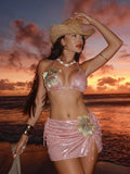 Women embroidery flower glitter metallic bikinis sets 3pcs with split mini skirt swimsuit bathing suit beach outfits biquini