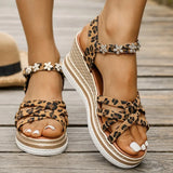 2025 Wedge Heel Leopard Print Sandals Women Fashion Crystal Flowers Thick Bottom Sandalias Mujer Cross Band Platform Sandles 43