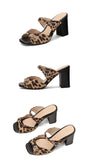 Fashion Leopard Print Square Heel Slippers Summer New Square Toe Metal Buckle Non-slip Wear-resistant Kitten Heel Shoes