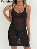 Crochet Knitted Hollow Out Halter Mini Dress Tunic Beach Cover Up Cover-ups Beach Dress Beach Wear Beachwear Female Women V8210
