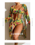 Sexy High Waisted Bikini 3 Pieces Floral Printed Swimsuit Size 3XL-S Women Bikini Set With Mesh Long-Sleeved Blouse Super Sales