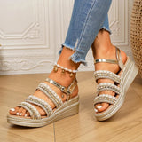 Luxury Golden Wedges Heel Sandals Women Gold Rivets Chunky Platform Sandles Woman Fashion Woven Thick Bottom Gladiator Sandals