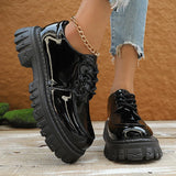 Black Patent Leather Platform Loafers Women 2025 Autumn Thick Bottom Pu Leather Shoes Woman Plus Size Lace Up Student Shoes 42