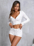 Women’s Floral Lace Trim Pajama Set Front Short Sleeve Top and Shorts Casual Comfortable Sleepwear