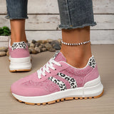 Fashion Leopard Print Pink Sneakers Women 2026 Spring Non Slip Platform Sneakers Woman Comfortable Lace Up Sport Shoes Plus Size