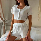 Women's Sleepwear Summer Sexy Hollow Women Pajamas Shorts Set Short Sleeve Cotton Pajamas Breathable Comfortable Homewear Set