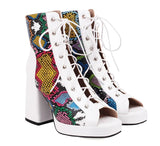 White Floral Embroidered Peep Toe Lace-Up Chunky Block Heel Platform Hollow Out Ankle Sandal Boots for Women