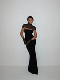 Ahagaga Sexy Women's Maxi Dresses With Lace Shawl Solid Strapless Sheath Slim Fit Fashion Gloves Summer Female Party Vestidos