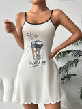 Summer Cute Letter Print Nightdress Women Nightgown Spaghetti Strap Mini Cami Lettuce Hem Contrast Trim Loungewear