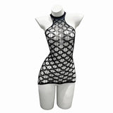 Sexy Mesh Halter Neck Hollow Out Open Crotch Dress With Exposed Chest And Sheer For Women Off-the-shoulder Mini Dress Charm RCIJ