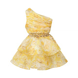 Women's Sexy One-Shoulder Waist-Cinching Dress Pure Desire Yellow Floral Print Ruffled Mini Dress Party Dress For Women NRR0