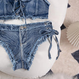 DEKA Retro Women Bikini Denim Suits Summer Halter Camis+ Mini Pant Lingerie Fashion Vacation Swimsuits Sexy Bra&Briefs Sets