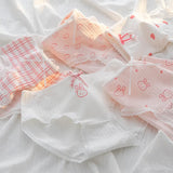 1 Pack Kawaii Rabbit Heart Print Briefs with Ruffles Trim Women's Mid-Rise Cotton Panties Soft Ribbed Underwear Lingerie M-XL