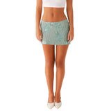 Women Sequin Short Skirt Beaded Flower Low Rise Mini Bodycon Skirt Trendy Summer Streetwear