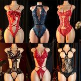 Nighttime Transparent Open Bra Porn Lingerie Corset Deep V Sexy Crotchless Underwear Women Lace Hollow Bras Hot Teddy Bodysuit