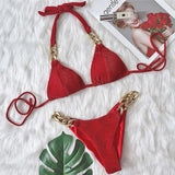 Halter Chains Rhinestone Diamond Bikini Women Swimsuit Female Ribbed Swimwear Two Pieces Bikini set Brazilian Bathing Suit Swim