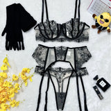 Women's New Floral Embroidered See-Through Mesh Lingerie 4-Piece Set - Sexy Underwear for Special Nights