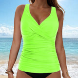 Women's Removable Padded Tankini Top V Neck Waist Defining Ruffled Separate Swimsuit Top Ruched Support Bathing Suit Swim Top
