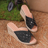 Fashion Denim Chunky Wedge Sandals Women 2025 Rivets Decor High Heels Slippers Woman Peep Toe Thick Bottom Sandles Plus Size 43