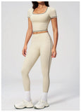 2PC Color Contrast Yoga Suit Women Short Sleeve Square Collar Slim Sports Top Fitness Suits Outdoor Exercise Leggings Tracksuit