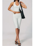 New Summer Women White Polka Dot Print Yoga Sets Hanging Neck Slim Sport Vest High Waist Mid Pants Gym Two-piece Workout Clothes
