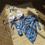 With Sarong Printed Halter Bikini Women Swimwear Female Swimsuit Three-pieces Bikini set Padded Bather Bathing Suit Swim V6966