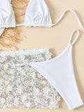 Sexy Sequin Pink Bikini Set Women Shiny Push Up Bra Thong Mesh Drawstring Skirt 3 Piece Swimsuit Bathing Suit Holiday Swimwear