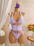 Sexy Pink Plaid Print Bikini Set 2026 Women Bandage Cross Fishbone Top 3 Piece Swimsuit Summer Bathing Suit Holiday Swimwear