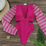 One Piece Swimsuit Sexy Long Sleeve Tropical Print Swimwear Women Bandage Monokini Hollow Out Bathing Suit String Beachwear 2023