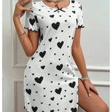 New Women's Pajama Love Dress Pajama Short Sleeve Printed Bow Loose Pajama Home Clothes Comfortable and Soft Hot Selling Gift