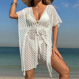 2025 V Neck Short Sleeve Hollow Out Knitted Tunic Beach Cover Up Cover-ups Beach Dress Beach Wear Beachwear Female Women K6535