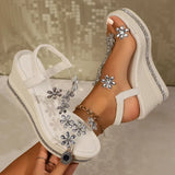 Rhinestone Flowers Wedges Sandals Women 2026 Luxury Crystals Chunky Platform Sandles Woman Clear Pvc Super High Heel Party Shoes