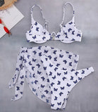 Butterfly Print Underwired V-Bar Bikini Women Swimsuit Female Swimwear Three-pieces Bikini Set Push Up Bathing Suit Beach Sarong